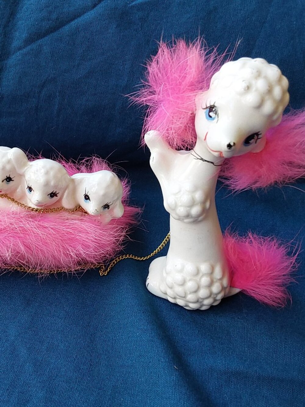 Vintage white ceramic poodle and puppies pink fur 1960s Japan cute kitsch